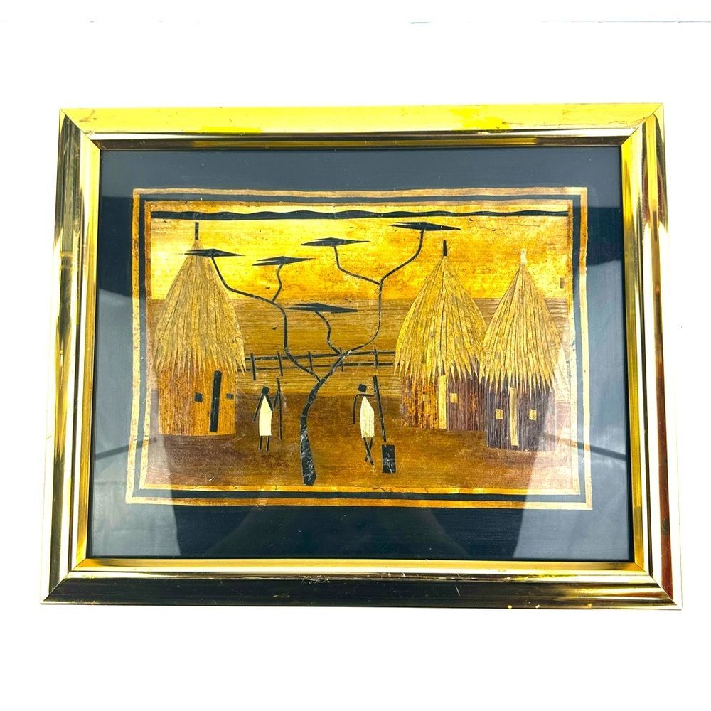 Vintage African Handmade Banana Leaf Tribal Art Photo in Gold Frame
